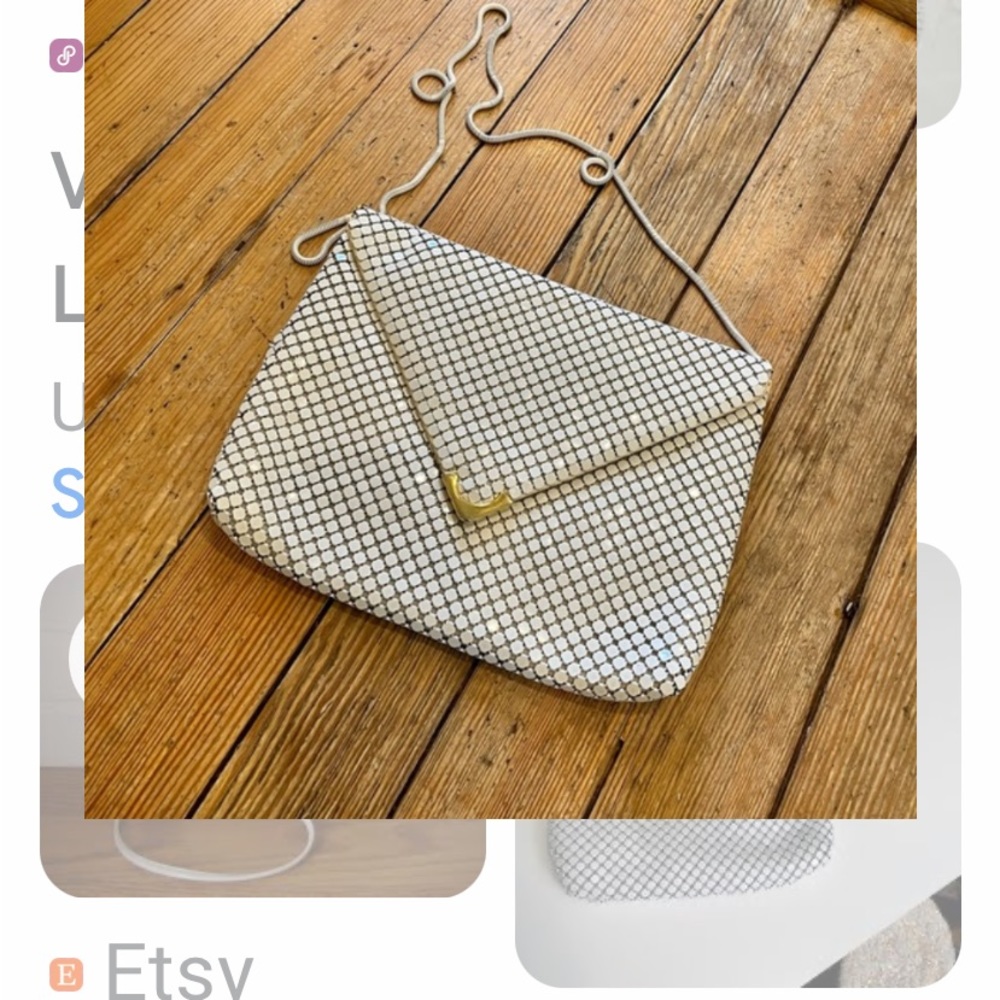 Vintage mesh purse gold/white crossbody, front snap button closure
